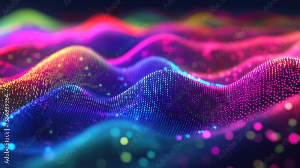 Poster radio wave spectrum visualization with digital signal pulses and frequency graphs.