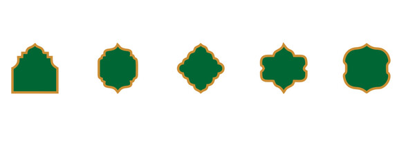 Ramadan window frame shapes. Islamic golden ribbons for text. Muslim mosque panel elements with ornament. Turkish tags set. Vector illustration