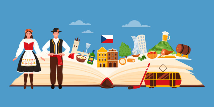 Creative illustration of an open book with Czech cultural icons such as Prague Castle, folk costumes, beer, and traditional foods, representing Czech history, traditions, and landmarks.