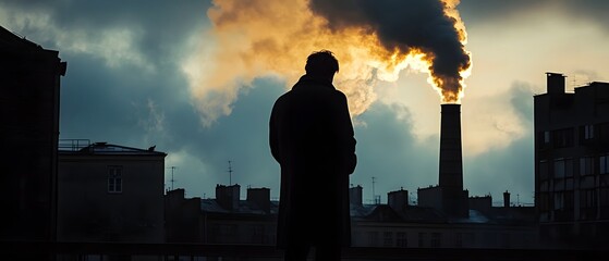 A lone figure in a coat stands in silhouette observing the cityscape before them as billowing smoke emerges from a smokestack creating a dramatic moody atmosphere amidst the cloudy overcast sky