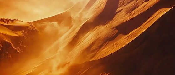 Obraz premium Aerial perspective showcasing the captivating beauty of a desert landscape with dramatic sand dunes sculpted by the forces of nature and illuminated by cinematic lighting