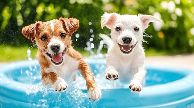 Two Playful Puppies Chasing and Splashing in Summer Kiddie Pool
