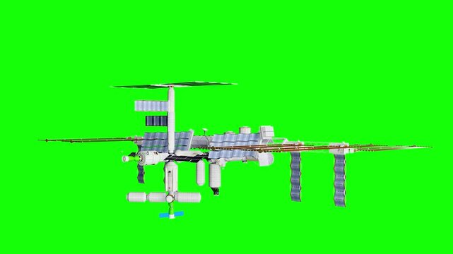 A 3d model of space satellite, futuristic sputnik model animation render floating and spinning, isolated on chroma key green screen background.