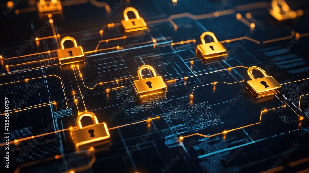 Poster secure encrypted messaging concept with digital padlocks and communication lines.