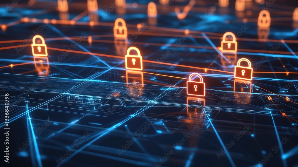 Poster secure encrypted messaging concept with digital padlocks and communication lines.