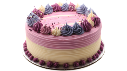A cake with pink, blue, and purple frosting and sprinkles on top. The cake has candles on it and is decorated with colorful sprinkles