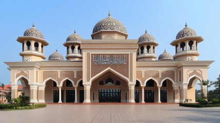 A symmetrical building with domes and ornate architectural details is shown