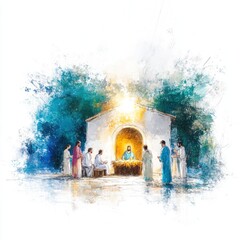 Serene Nativity Watercolor with Mary, Joseph, and Jesus in Softly Blended Greens and Blues