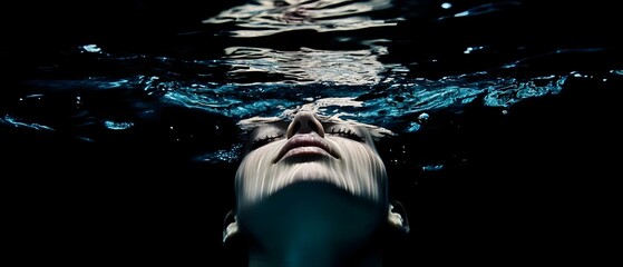 A person s head partially submerged in water emerging from a moody dramatic underwater scene with contemporary cinematic lighting and reflections on the surface