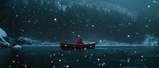 A lone figure in a small boat drifts across a dark tranquil body of water creating gentle ripples amidst the serene snowfall and the obscured forested hillside in the background