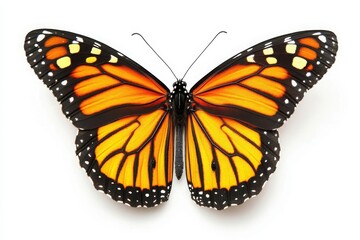 Obraz premium A monarch butterfly with orange and black wings spread open on a plain white background close up view
