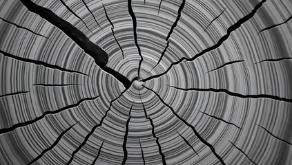 Obraz premium Radial Cracks and Growth Rings in Aged Tree Trunk Cross-Section