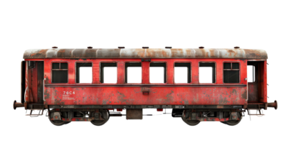 Old damaged red train carriage isolated on transparent background