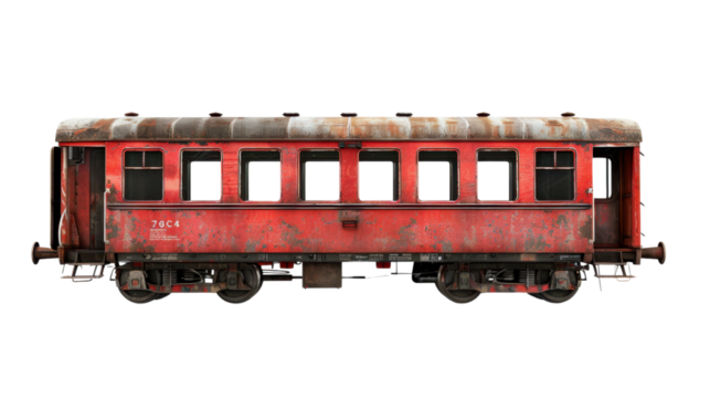 Old damaged red train carriage isolated on transparent background