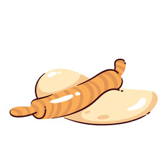 Rolling pin of baker and yeast dough. Wooden tool rolling ball on kitchen table to flatten, knead and prepare pizza, pie or bread. Cooking, bakery mascot cartoon vector illustration