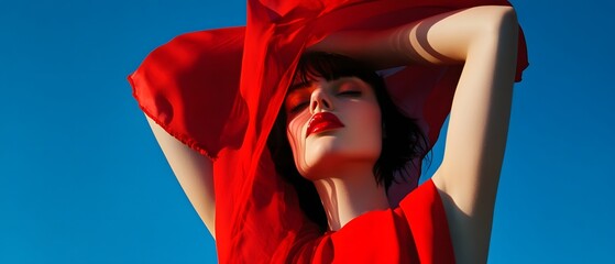 A striking portrait of a woman holding her hands against the bright blue sky with her bold red lips and flowing red cloth creating a dramatic contrast and silhouette