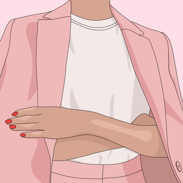 Minimalist illustration  of a Confident  Young Slim Business Woman im Elegant Pink Blazer Suit with Crossed Arms. Concept of Technology, Female Business, and Entrepreneurship