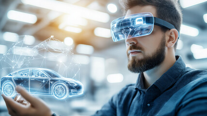 professional designer using augmented reality glasses to visualize car design. futuristic setting enhances creativity and innovation in automotive design