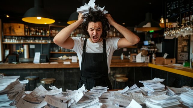 Frustrated restaurant worker overwhelmed by a mountain of receipts