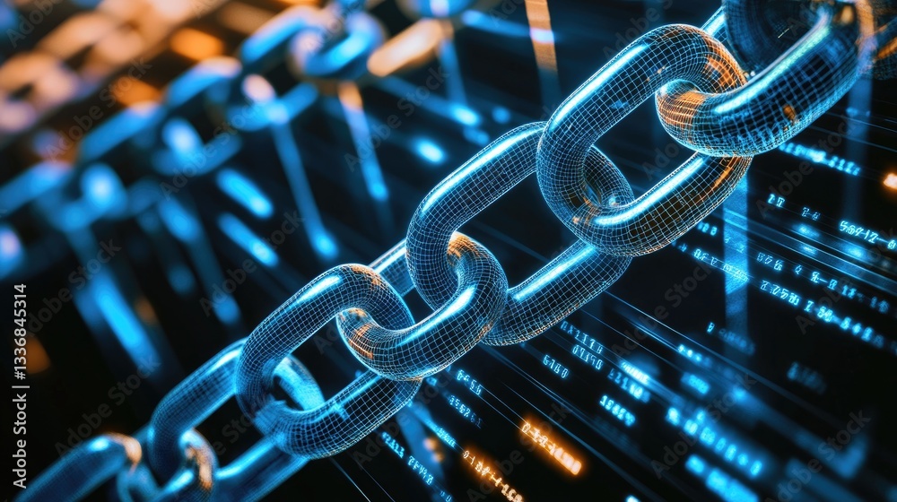 Poster wireframe chain link icon over a digital grid, symbolizing strong connections and networking.