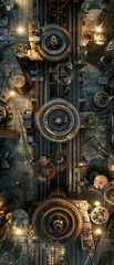 Fototapeta premium Bird's-eye view of an assembly line powered by rotary machines, gears and belts in sync, lights casting sharp shadows focus.