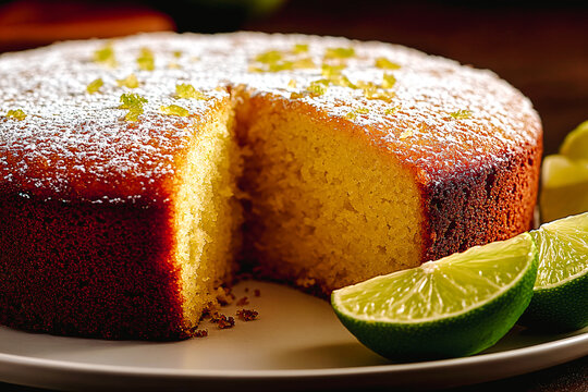 G&acirc;teau au citron vert saupoudr&eacute; de sucre glace et de zeste de citron