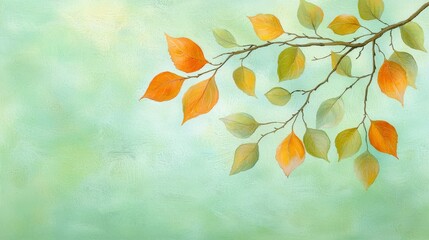 Detailed painting of vibrant green leaves on a branch, closeup view of nature's beauty