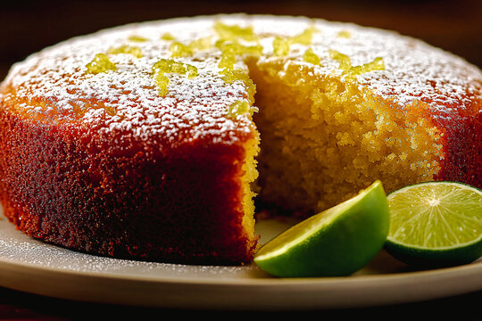 G&acirc;teau au citron vert saupoudr&eacute; de sucre glace et de zeste de citron