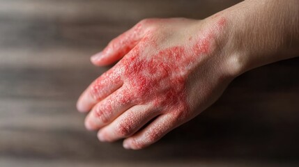 Fototapeta premium Close-Up of Inflamed Red Patches on Hand Skin Affected by Eczema, Highlighting Dry and Flaky Texture, Captured in High-Resolution Detail