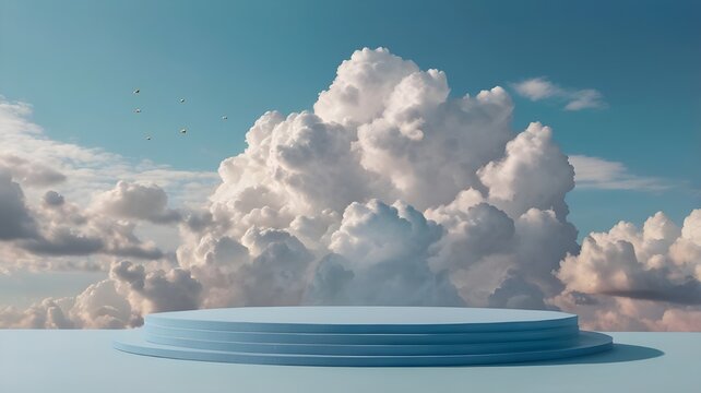 pastel blue podium under a cloudy sky for product displays