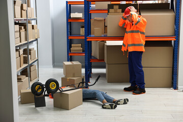 Accident at work. Worried man and his unconscious colleague in warehouse