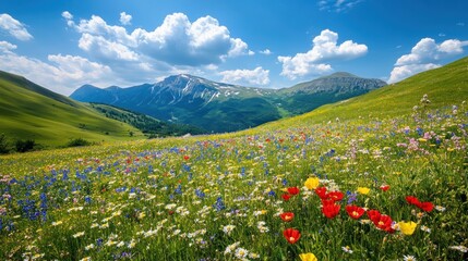 Fototapeta premium Vibrant wildflowers bloom in a tranquil mountain meadow under a bright blue sky