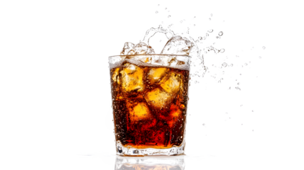 A glass of soda with ice cubes is splashing water out of it. Concept of fun and excitement, as if someone is enjoying a refreshing drink on a hot day
