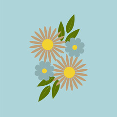 Postcard design with flowers on blue background