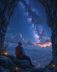 Nostalgic grandfather watching the stars, clouds, and the sky at dusk