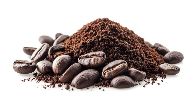 A pile of coffee beans and coffee grounds. The coffee beans are scattered around the coffee grounds, contrasting the two. Concept of warmth and comfort