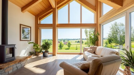 Fototapeta premium Exterior of a modern energy-efficient house with triple-glazed windows and thick insulated walls. A concept of sustainable architecture, green building, and passive house technology.