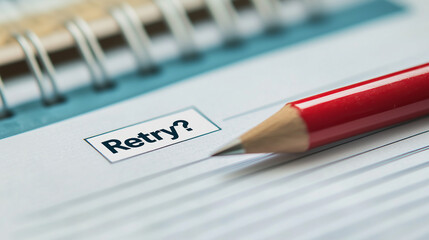 Red Pencil Lying Next to Paper with Retry Text at the Top, Focus on Writing Instruments and Note-taking for Creative Ideas and Brainstorming
