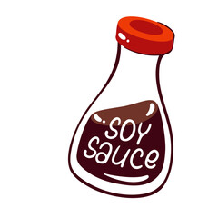 Soy sauce bottle. Glass container with red lid and text on label Soy sauce. Asian food, condiment seasoning mascot, salty ingredient of oriental cuisine cartoon vector illustration