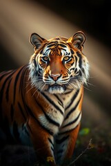 Fototapeta premium Majestic Tiger Portrait Illuminated by Soft Sunbeams