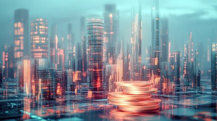 Obraz premium Futuristic city skyline with stacked coins. Possible stock photo use
