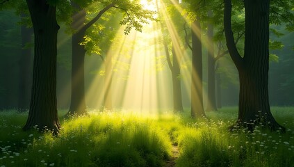 Obraz premium Serene Sunbeams Dancing Through Tranquil Woodland Path