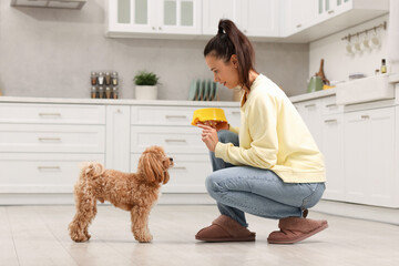 Owner holding bowl with pet food near her cute dog in kitchen