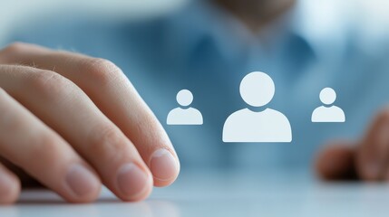 Human hand selecting person icon, symbolizing digital connection and choice in a modern interface