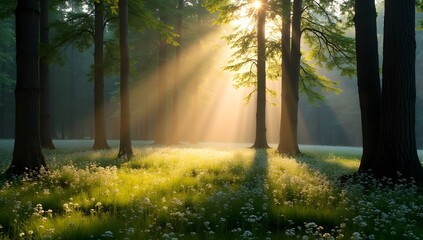 Obraz premium Radiant Sunburst Through Flourishing Green Forest