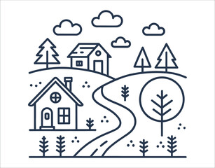 Village Silhouette Line Art