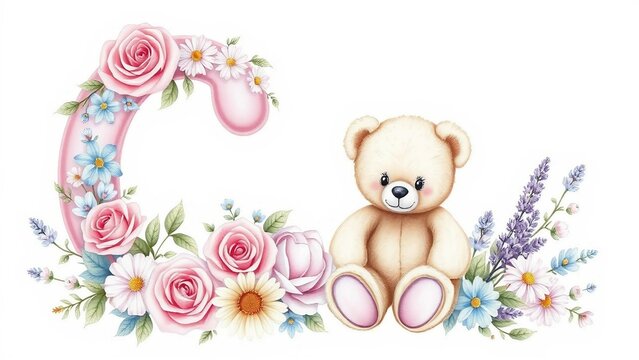 Niedlicher Teddyb&auml;r neben dem Buchstaben "C", umgeben von Blumen in sanften Farben. Ideal f&uuml;r Baby- und Kinderzimmerdekorationen oder personalisierte Geschenke.