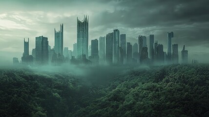 Fototapeta premium A powerful conceptual image of a lush forest being replaced by a city skyline that fades into industrial smog. A somber visual of urbanization, pollution, and climate change.