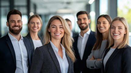 Fototapeta premium diverse group of smiling professionals in modern office setting, showcasing teamwork and collaboration. Their positive energy reflects vibrant work environment