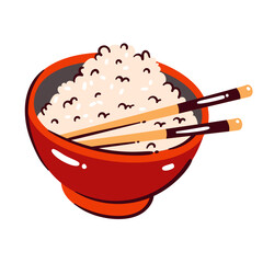Rice bowl with chopsticks. Red cup full of hot steamed jasmine rice, traditional cereal ingredient of Asian cuisine. Food mascot, dish on plate, cartoon retro vector illustration